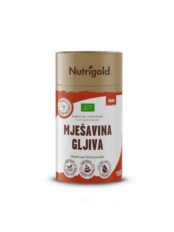 Nutrigold organic mushroom blend powder in a cylindrical cardboard packaging of 150g