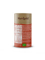 Nutrigold organic mushroom blend powder in a cylindrical cardboard packaging of 150g