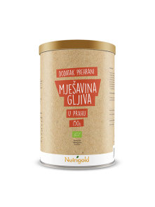 Nutrigold organic mushroom blend powder in a cylindrical cardboard packaging of 150g