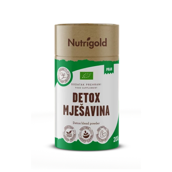 Nutrigold organic detox blend powder in a cylinder cardboard packaging of 200g