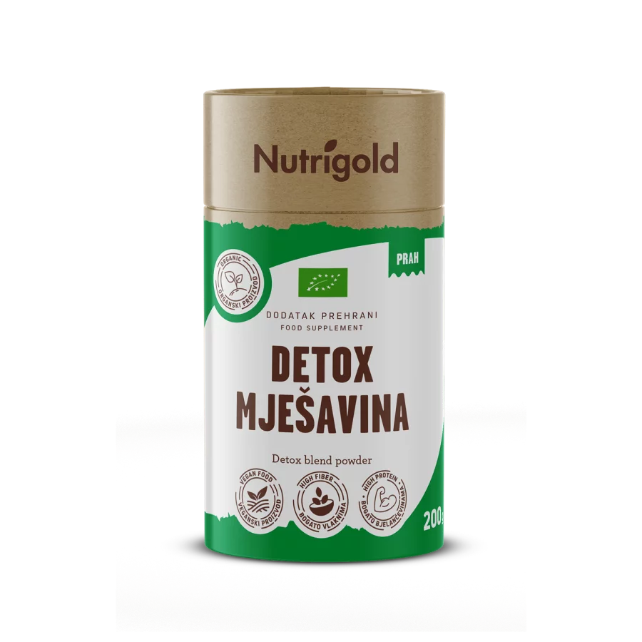 Nutrigold organic detox blend powder in a cylinder cardboard packaging of 200g
