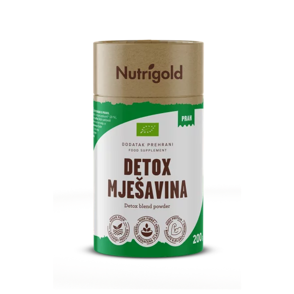 Nutrigold organic detox blend powder in a cylinder cardboard packaging of 200g