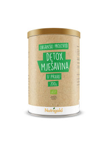 Nutrigold organic detox blend powder in a cylinder cardboard packaging of 200g
