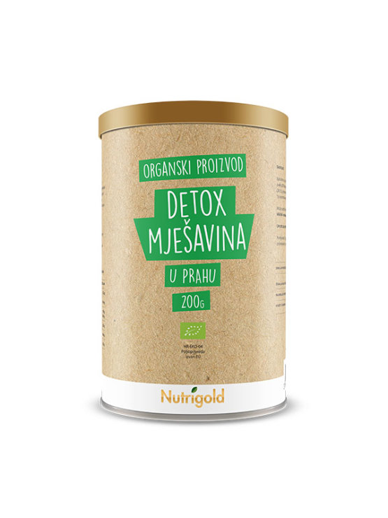Nutrigold organic detox blend powder in a cylinder cardboard packaging of 200g