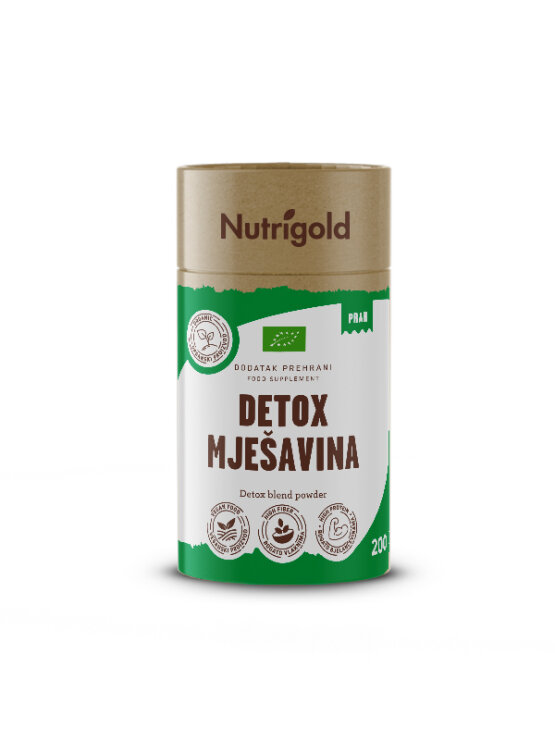 Nutrigold organic detox blend powder in a cylinder cardboard packaging of 200g
