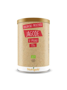 Nutrigold organic strawberry powder in a cylinder-shaped packaging of 150g