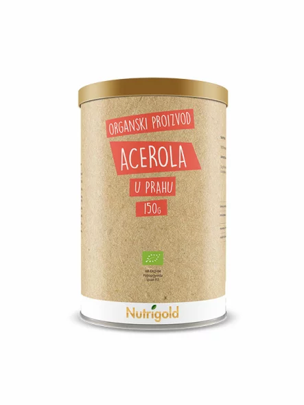 Nutrigold organic acerola powder in a cylinder-shaped packaging of 150g