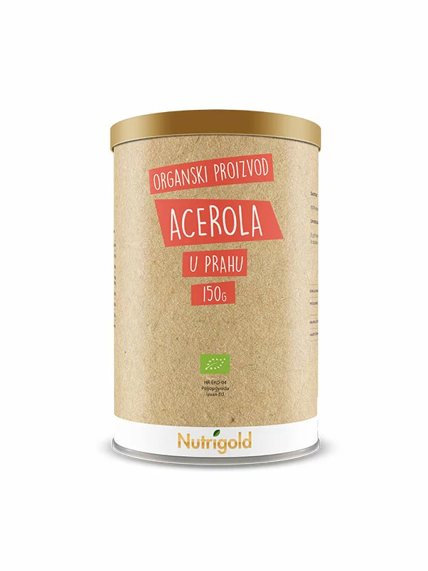 Nutrigold organic acerola powder in a cylinder-shaped packaging of 150g