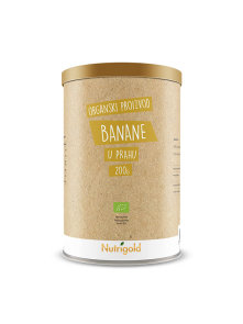 Nutrigold organic banana powder in a cylinder-shaped packaging of 200g