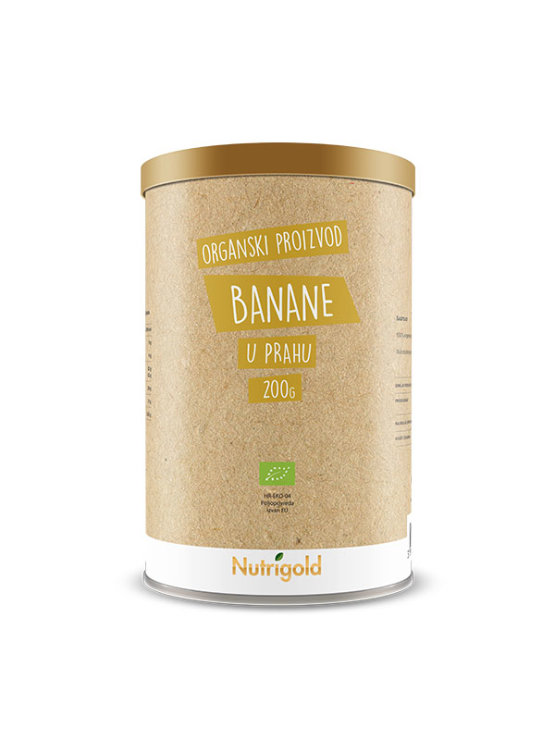 Nutrigold organic banana powder in a cylinder-shaped packaging of 200g