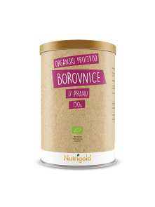 Nutrigold organic blueberry powder in a cylindrical cardboard packaging of 150g