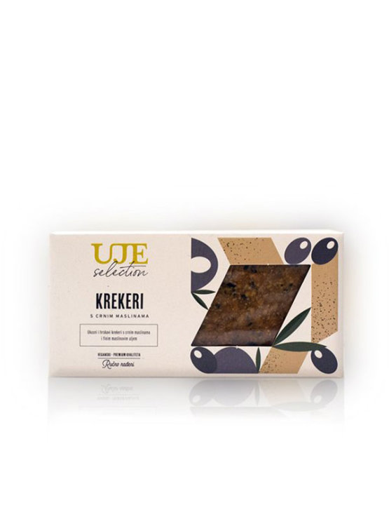Uje Cracker Selection with black olives in a white cardboard packaging of 150g