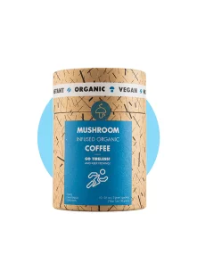 Mushroom Cups organic Go Tireless instant coffee in a cylinder shaped cardboard packaging containing 10 servings of 3g