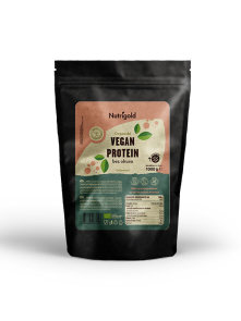 Nutrigold organic super vegan protein powder in a resealable black packaging of 1000g