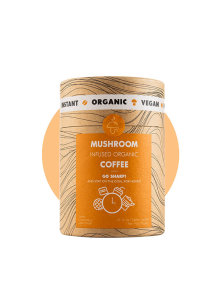 Go Sharp mushroom infused organic instant coffee in a cardboard packaging containing 10 sachets of 3g