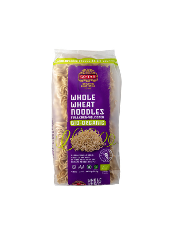 Go-Tan organic whole wheat noodles in a transparent packaging of 250g