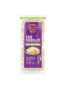 Go-Tan organic egg noodles in a packaging of 250g
