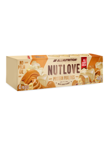 Nutlove white choco peanut protein pralines in a cardboard packaging of 48g. Containing 4 pralines.
