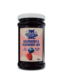 HealthyCo raspberry & blueberry jam without added sugar in a glass jar of 240gin