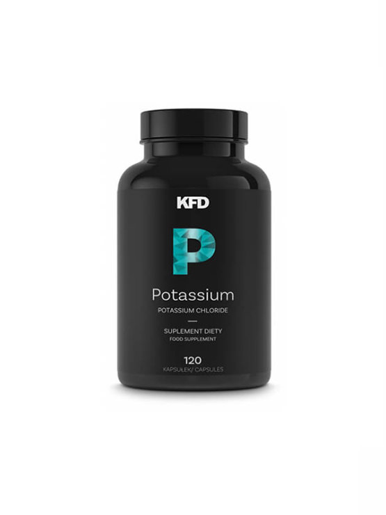 KFD Potassium in a black pill container containing 120 tablets
