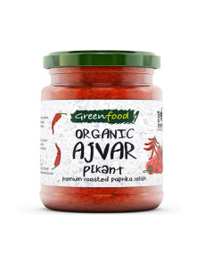 Greenfood organic spicy ajvar in a glass jar of 260g.