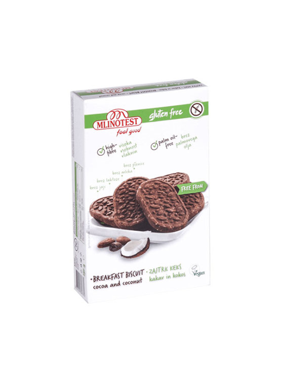 Mlinotest gluten free breakfast biscuits with cocoa and coconut in a cardboard packaging of 135g