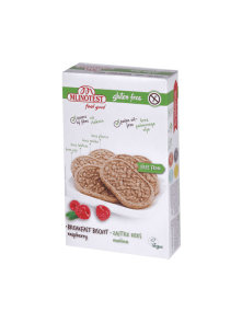 Mlinotest gluten free breakfast biscuits with raspberries in a cardboard packaging of 142g