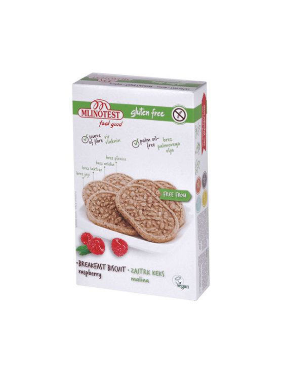 Mlinotest gluten free breakfast biscuits with raspberries in a cardboard packaging of 142g
