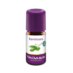 Taoasis organic ravintsara essential oil in a dark bottle of 5ml