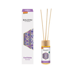 Taoasis organic reed diffuser in a white cardboard packaging containing glass bottle and three bamboo diffusion sticks