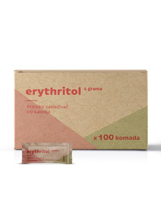 Nutrigold erythritol in a cardboard packaging containing 100 sachets of 4g