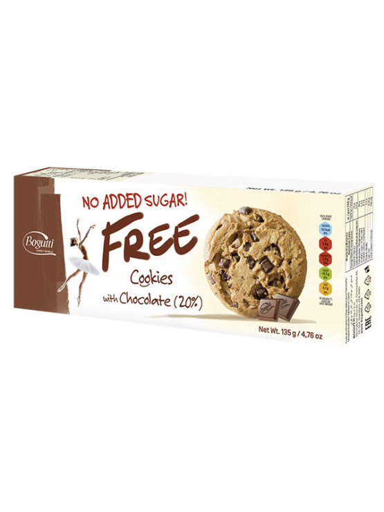 Bogutti chocolate chip cookies with no added sugar in a cardboard packaging of 135g