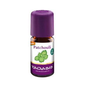 Taoasis organic patchouli essential oil in a dark glass bottle of 5ml
