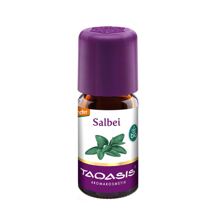 Taoasis organic sage essential oil in a dark glass bottle of 5ml