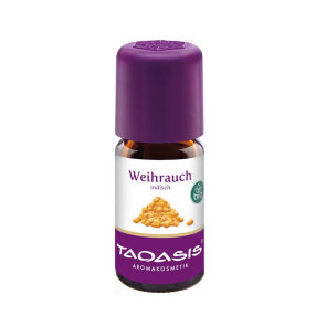 Taoasis organic Indian frankincense essential oil in a dark glass bottle of 5ml