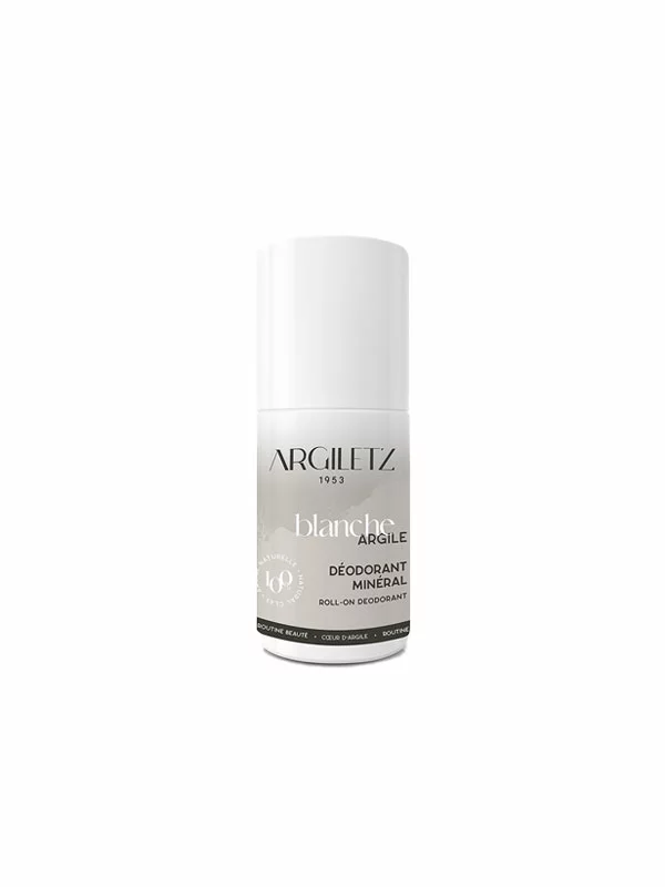 Argiletz white clay roll-on deodorant in a white plastic packaging of 50ml