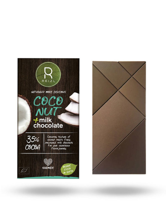 Reizl organic milk chocolate with coconut in a paper packaging of 70g