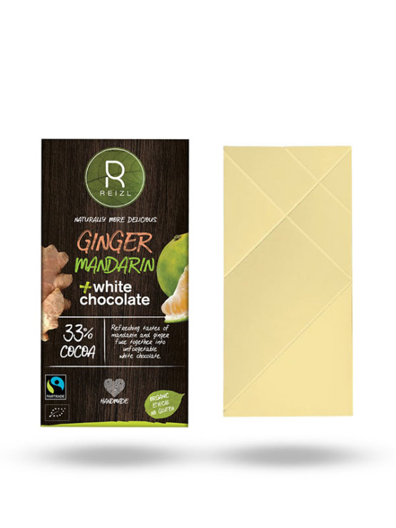 Reizl organic ginger and mandarin white chocolate in a paper packaging of 70g