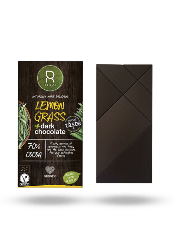 Reizl organic lemongrass vegan dark chocolate in a paper packaging of 70g