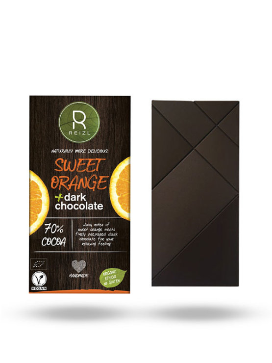 Reizl organic sweet orange vegan dark chocolate in a paper packaging of 70g