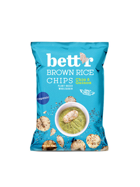 Bett'r organic brown rice chips with chia & quinoa in a 60g packaging