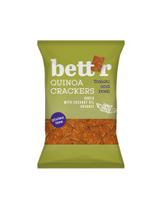 Bett'r organic & gluten free quinoa crackers with tomato and basil in a packaging of 100g
