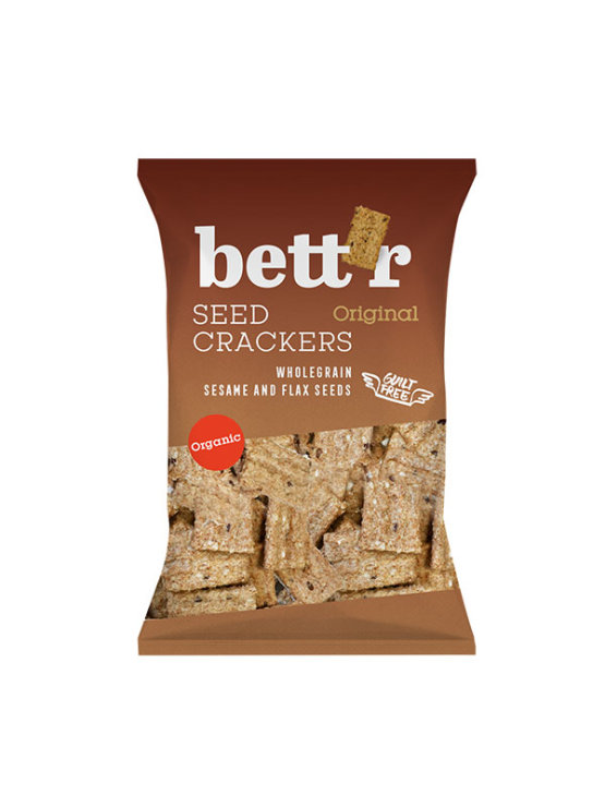 Bett'r organic whole grain seed crackers in a packaging of 150g