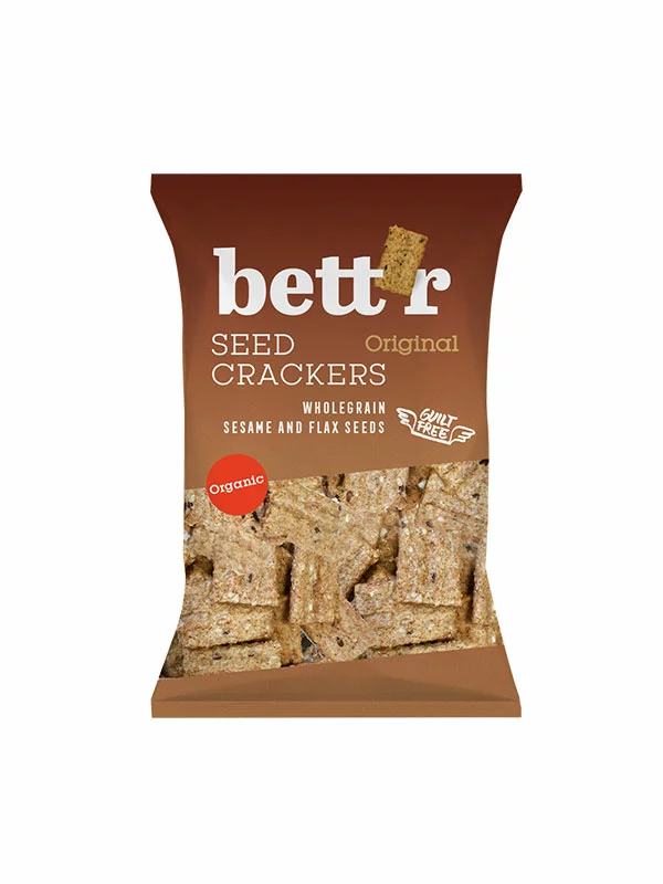 Bett'r organic whole grain seed crackers in a packaging of 150g