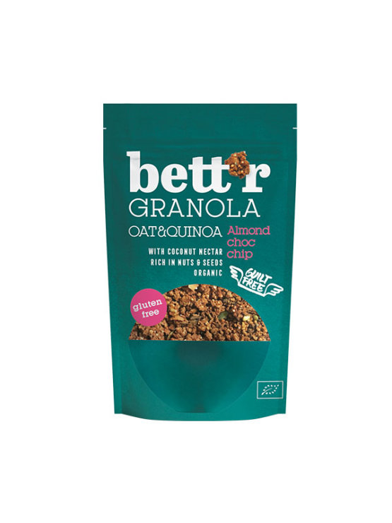 Bett'r organic almond & chocolate chip granola in a packaging containing 300g
