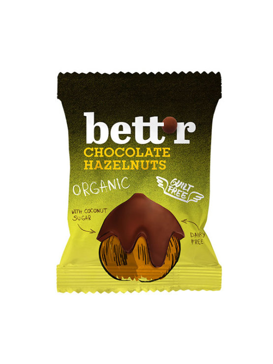 Bett'r organic chocolate covered hazelnuts in a packaging of 40g