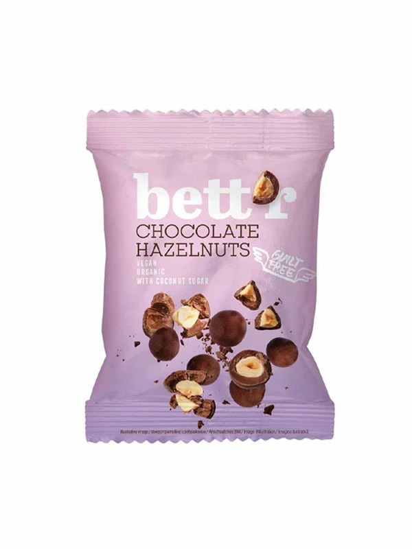 Bett'r organic chocolate covered hazelnuts in a packaging of 40g