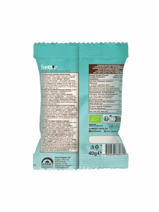 Bett'r organic chocolate covered almonds in a packaging of 40g
