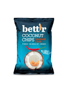 Bett'r organic coconut chips with chilli in a blue bag of 40g