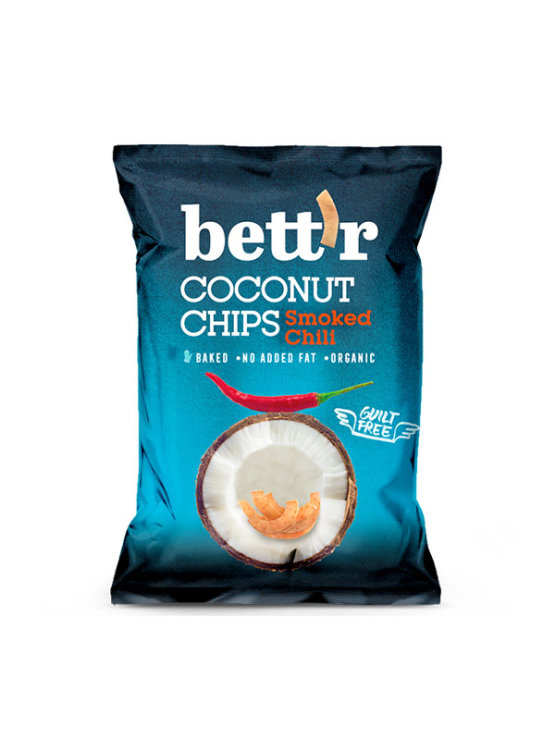 Bett'r organic coconut chips with chilli in a blue bag of 40g